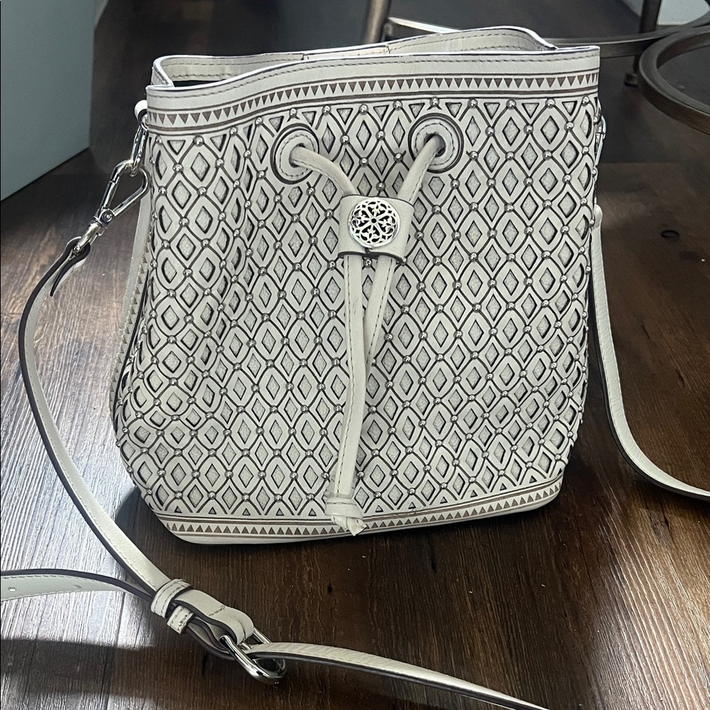 Brighton White Geometric Drawstring Bucket Bag